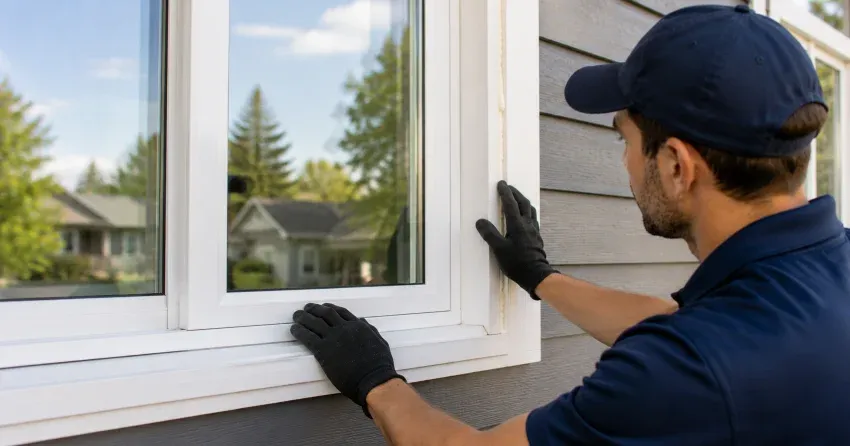 technician comparing full-frame and retrofit window replacement options in Ingersoll