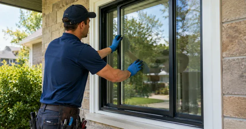 technician measuring a broken window pane for replacement in Golf Estates, Ingersoll