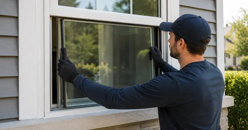 technician boarding up broken window during emergency glass repair Ingersoll