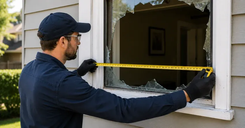 plywood board-up installed on a broken window Ingersoll