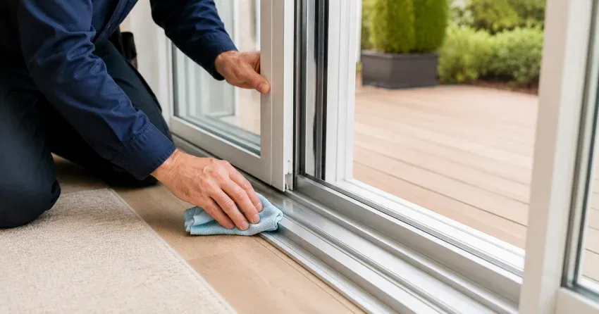 technician inspecting a sliding patio door track in Golf Estates, Ingersoll