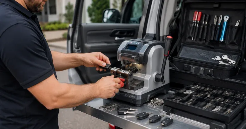 technician cutting a replacement car door lock key in Ingersoll