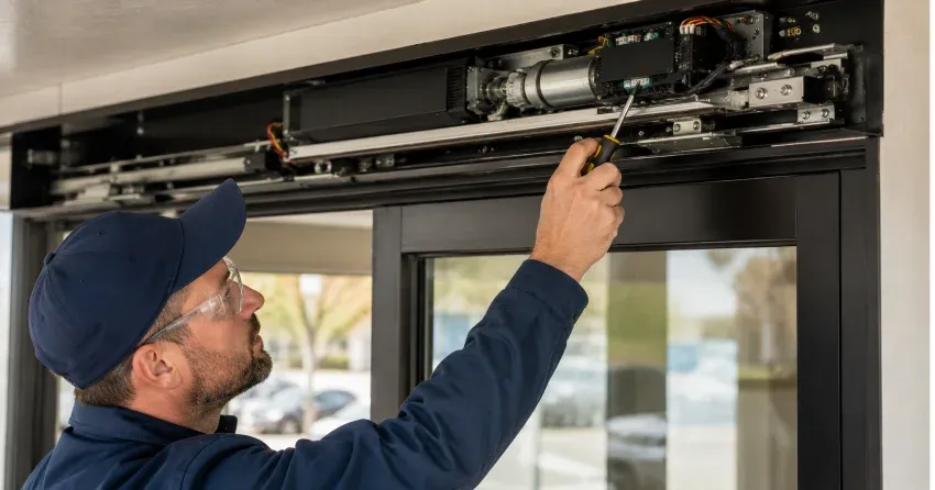 technician completing automatic door repair on residential property in Ingersoll