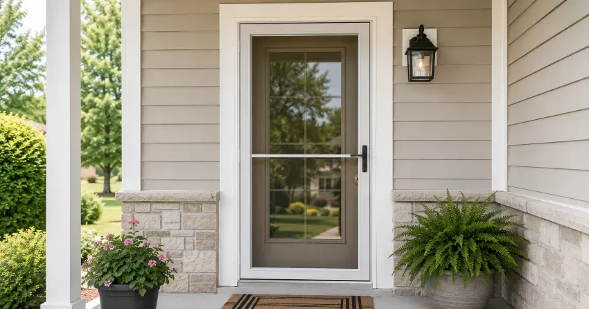 technician hanging storm door square and plumb in Ingersoll