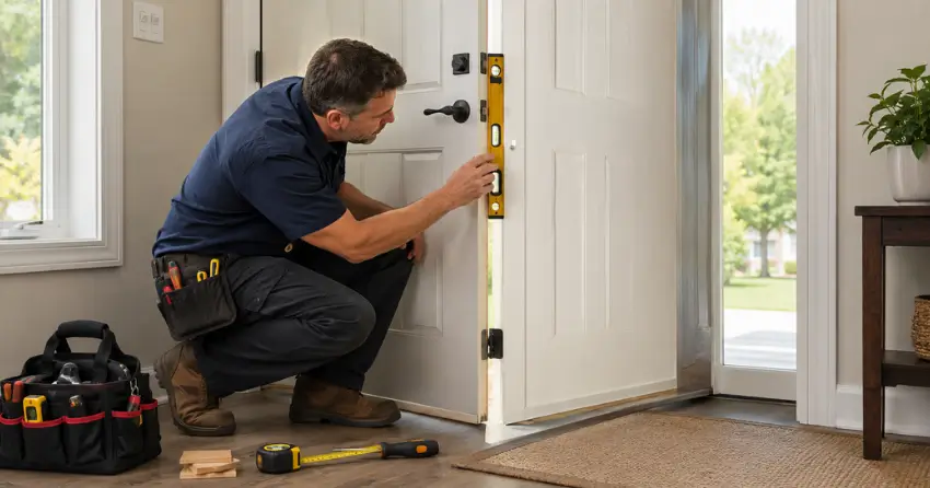technician diagnosing a misaligned door frame in Oxford Village, Ingersoll