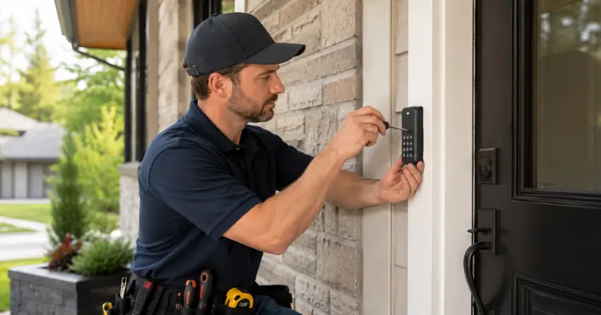 Technician installing an access control system keypad beside a residential front door in Ingersoll