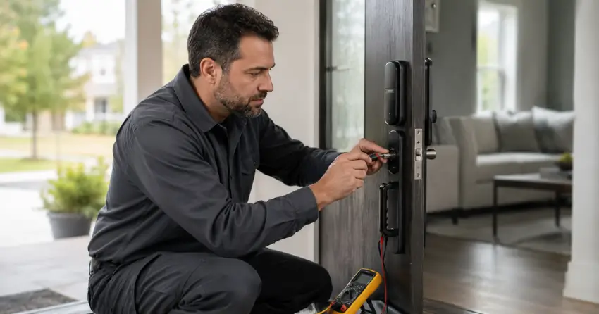 technician diagnosing automatic door lock mechanism on residential door in Harvest Hills Towns, Ingersoll