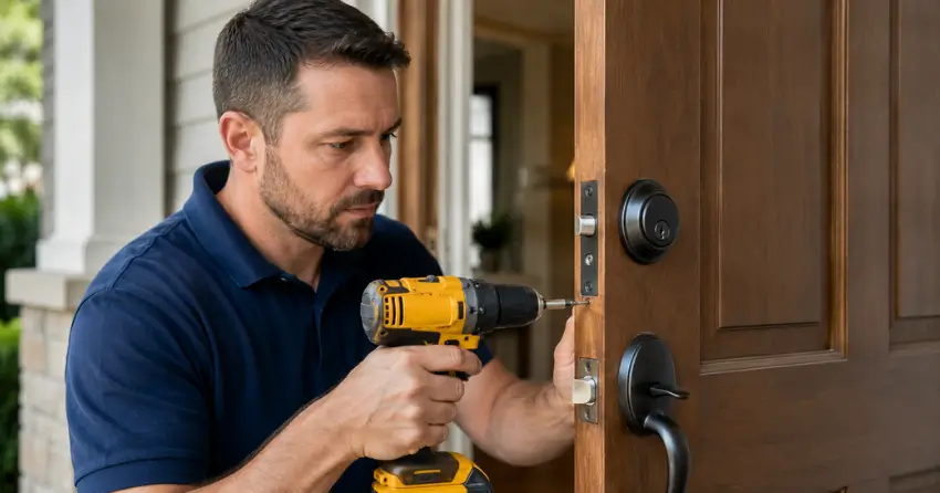 technician installing a new deadbolt during Change Door Lock Oxford Village, Ingersoll service