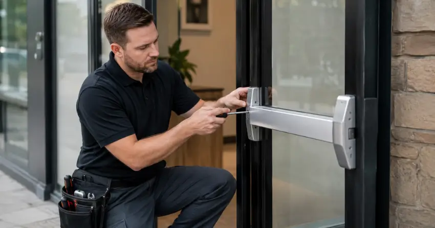 commercial locksmith repairing exit device on storefront door Ingersoll