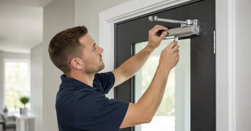 technician adjusting door closer hydraulic valve in HarrisView, Ingersoll home