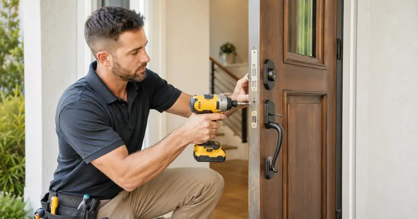 locksmith installing new deadbolt lock on front door in Ingersoll