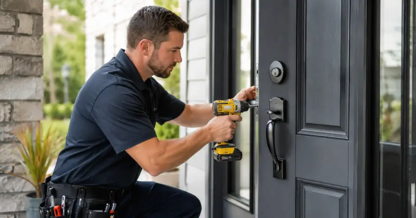 locksmith installing deadbolt lock on exterior door in Ingersoll