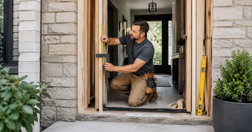exterior door installer assessing rough opening in Ingersoll