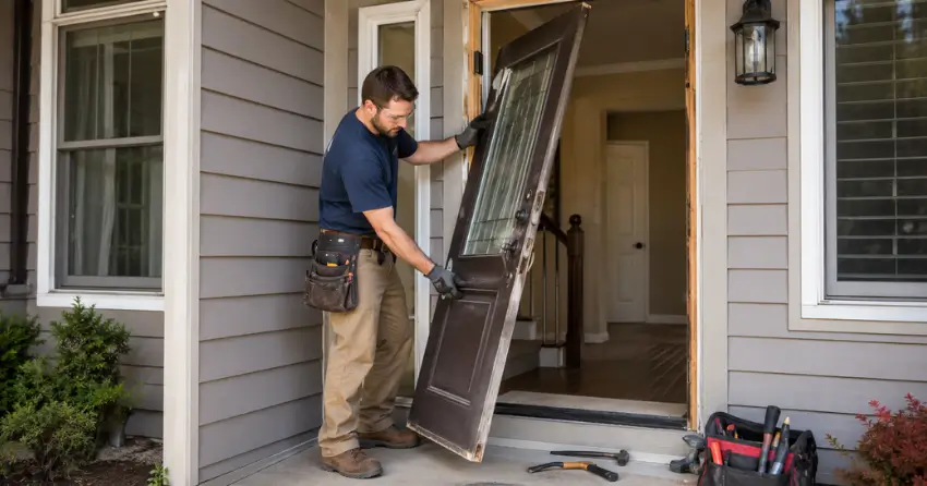 old exterior door being removed for replacement in Harvest Hills Towns, Ingersoll