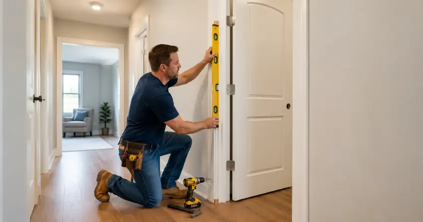 technician installing a pre-hung interior door in a home hallway Ingersoll