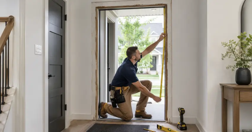 technician measuring a door frame before new door installation in Ingersoll
