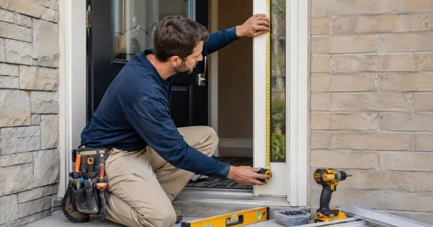 technician measuring door frame before storm door install in HarrisView, Ingersoll