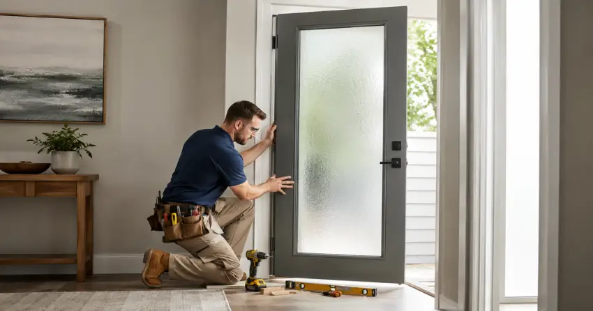 glass panel door installation with frosted privacy glass in residential setting in Harvest Hills Towns, Ingersoll