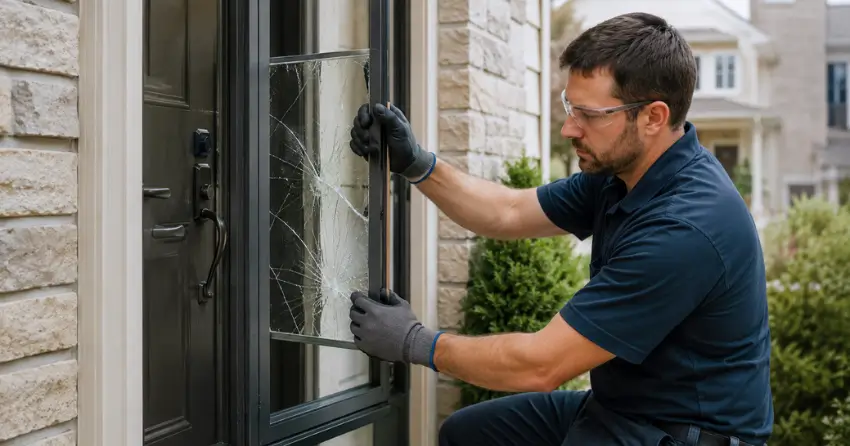 technician removing cracked storm door glass panel in Westfield Ingersoll, Ingersoll
