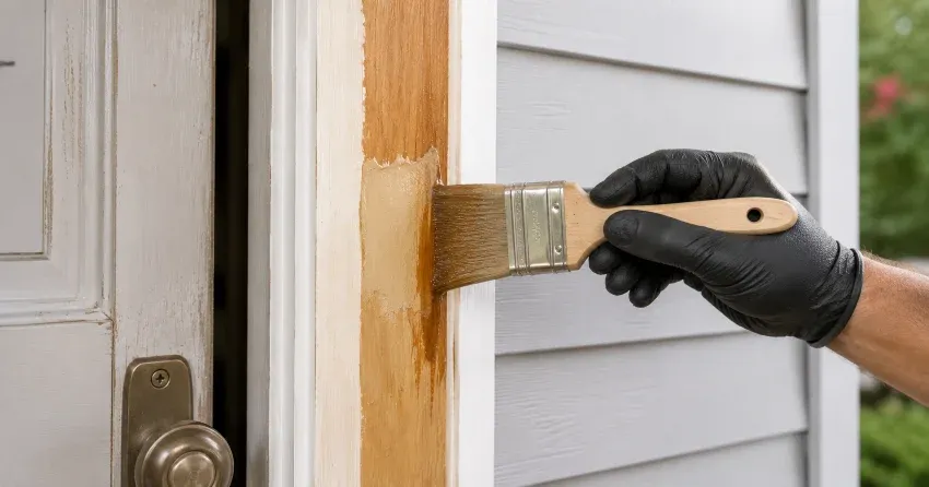 technician probing rotted wood on a door frame in Ingersoll