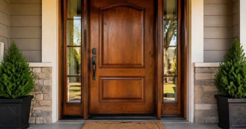 wood door mid-restoration showing stripped bare wood in HarrisView, Ingersoll