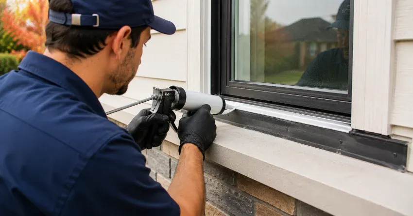 technician inspecting window flashing for leak source in Ingersoll