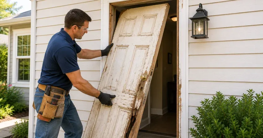 warped exterior door frame showing weather damage in Ingersoll