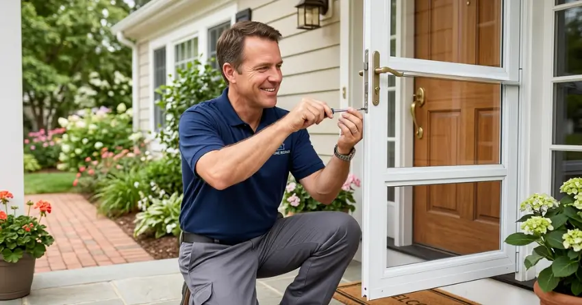 technician adjusting storm door hinge and closer in Harvest Hills Towns, Ingersoll