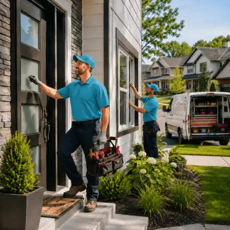 Service vans and technicians on residential door and window jobs across the coverage area