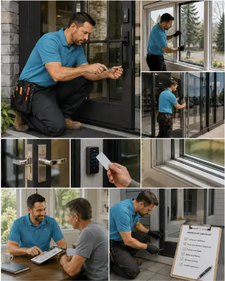 A technician checking the alignment of a replacement window during installation