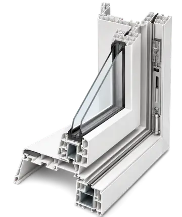 Cut section through a uPVC window frame revealing chambers and reinforcement